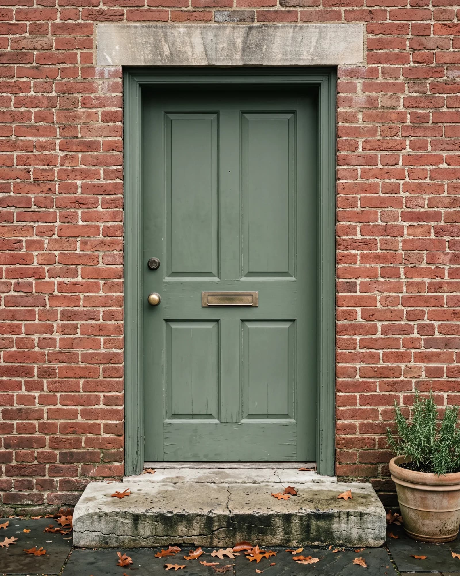 The office’s sage green front door with a brass knob, a limestone step with wet oak leaves.