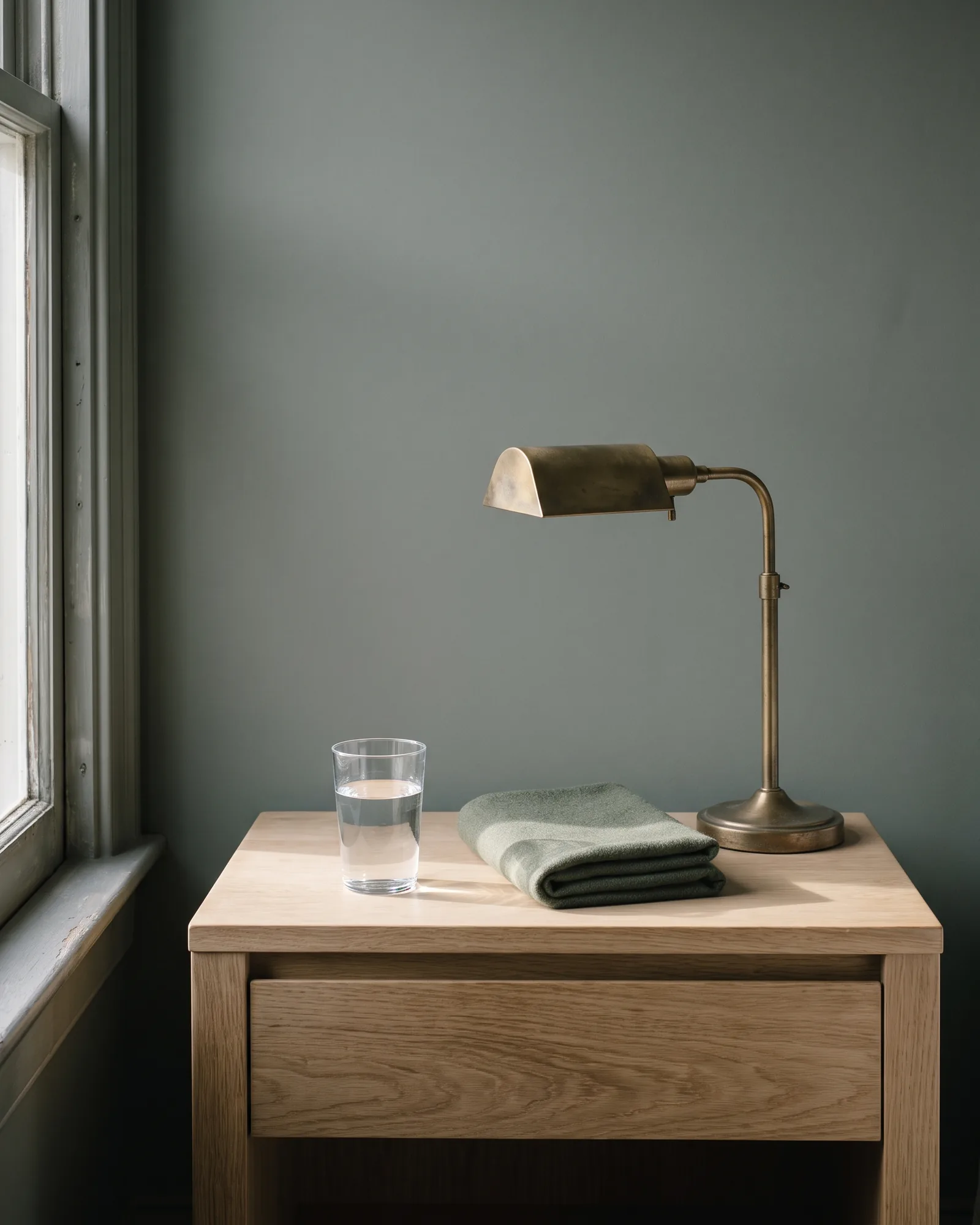 A bedside table with a glass of water, a folded sage blanket and a brass lamp.