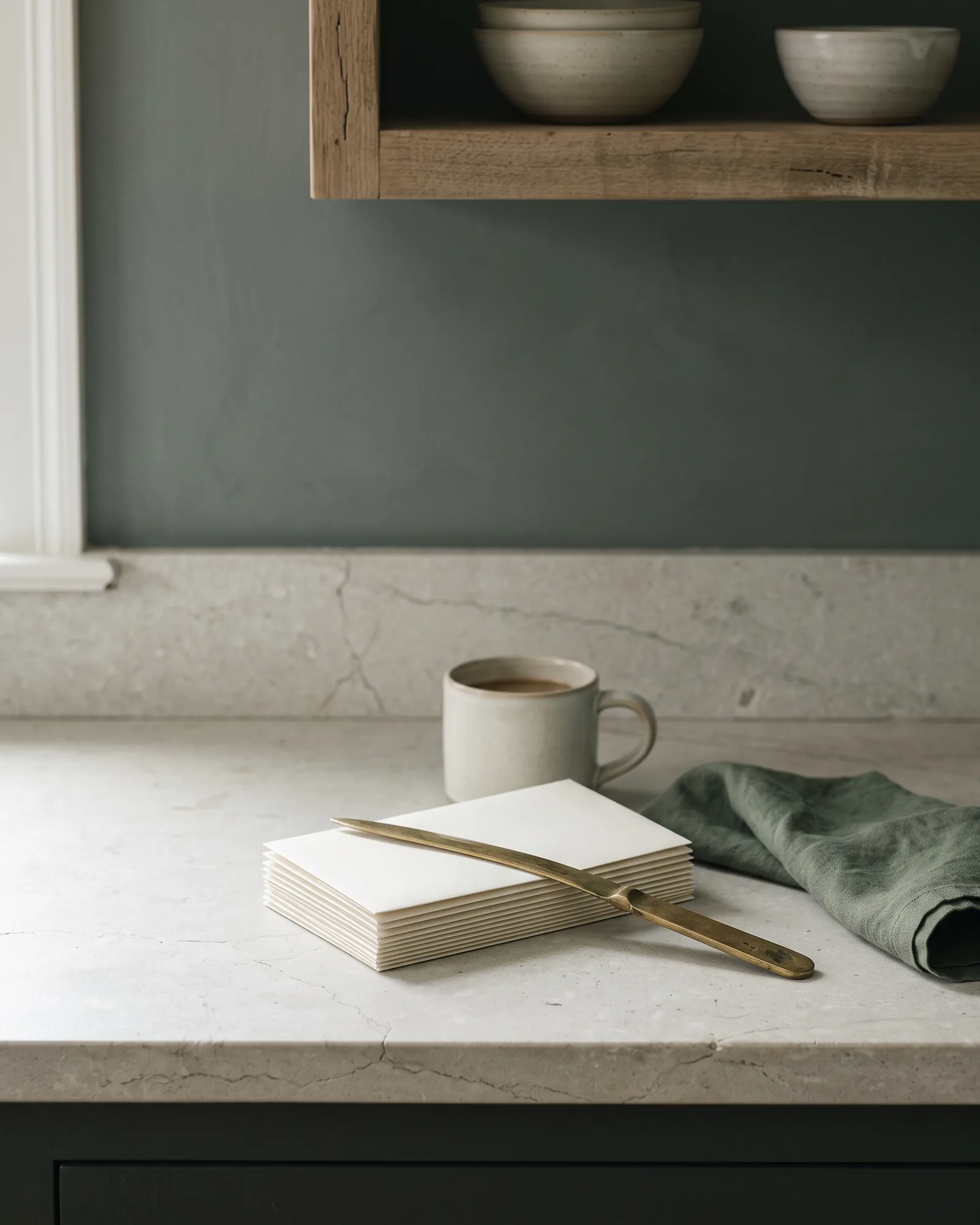A small stack of plain envelopes on a limestone counter with a brass letter opener.