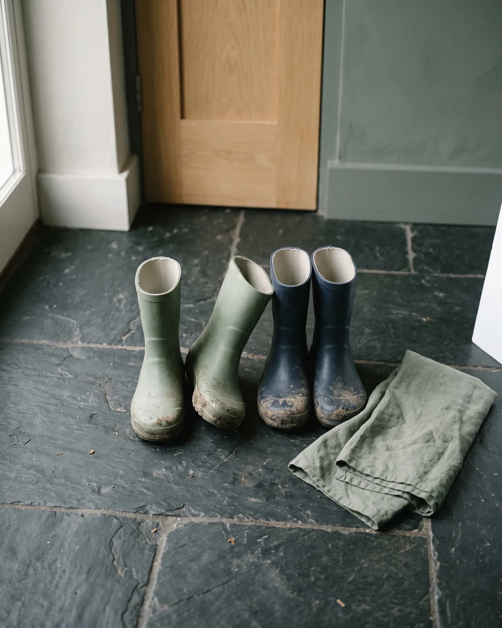 Two pairs of small rain boots by a back door, muddy at the toes.