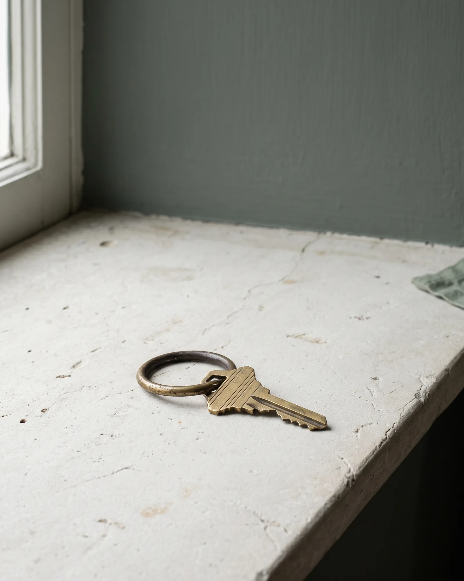 A worn brass house key on an iron ring, resting on a limestone windowsill.