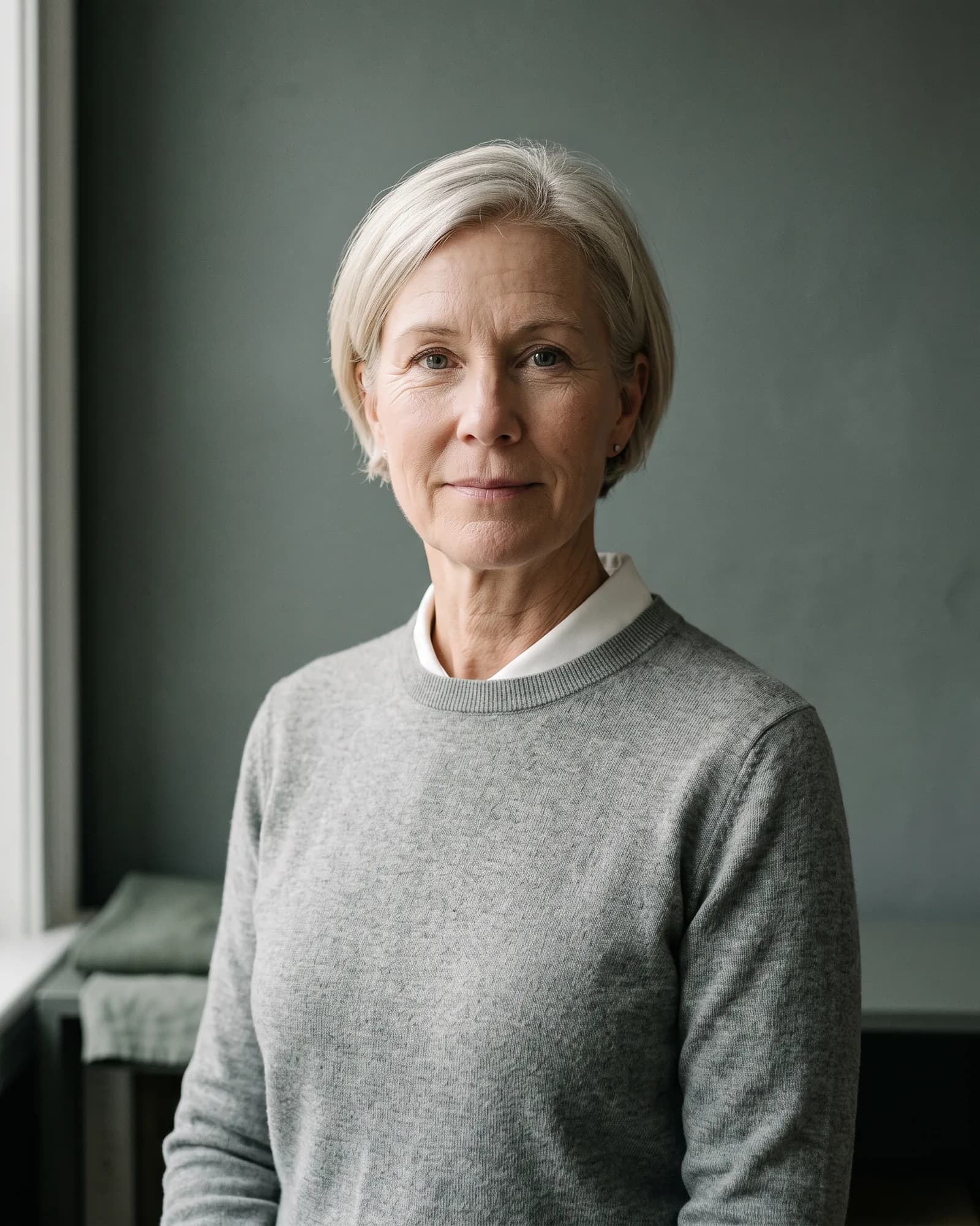 Portrait of Ingrid Lindqvist, a woman in her late fifties with short silver-blonde hair.