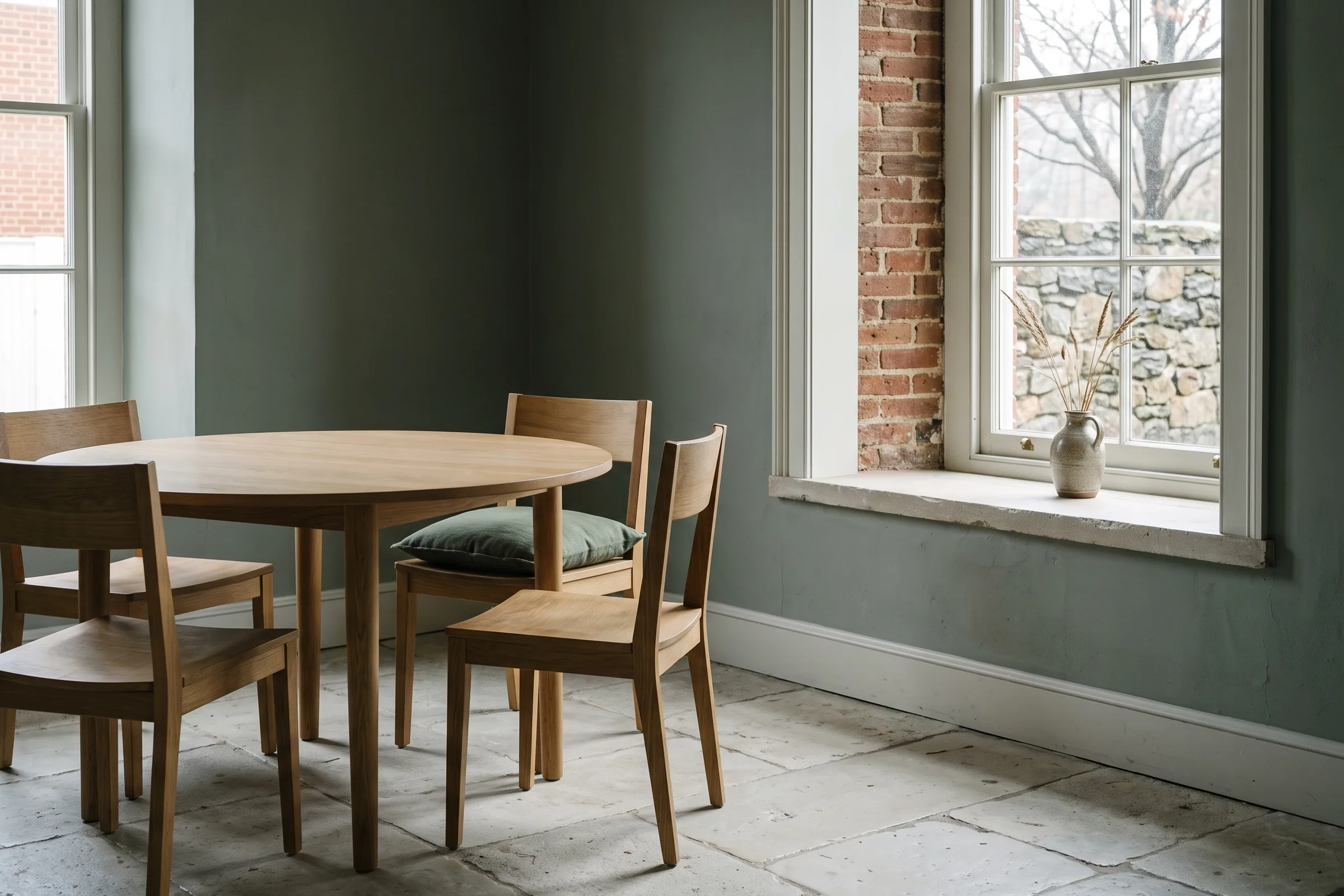 The firm’s meeting room: a round oak table, oak chairs and a deep window onto a fieldstone wall.