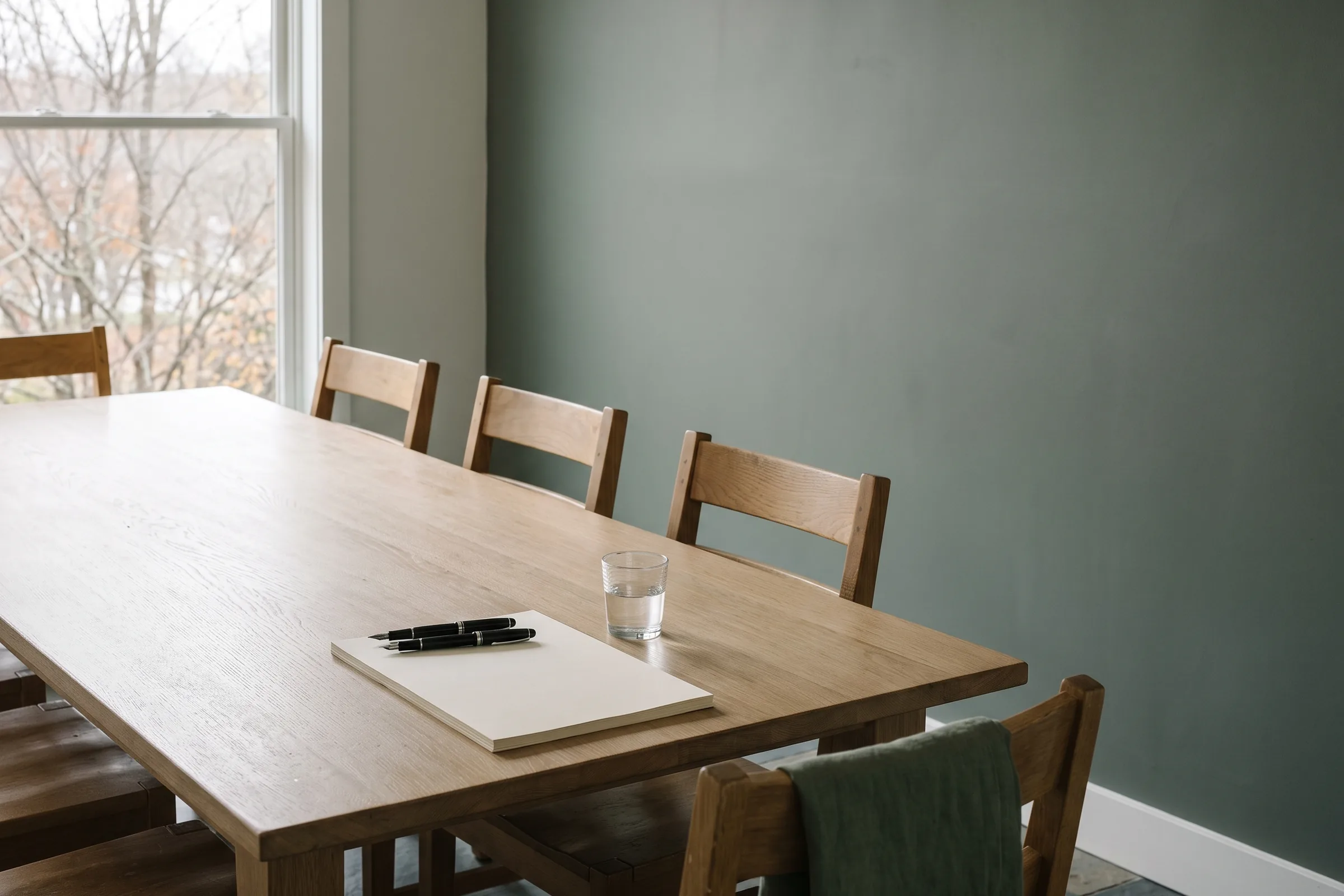 The signing room: a long oak table, two fountain pens on blank paper, chairs on both sides.
