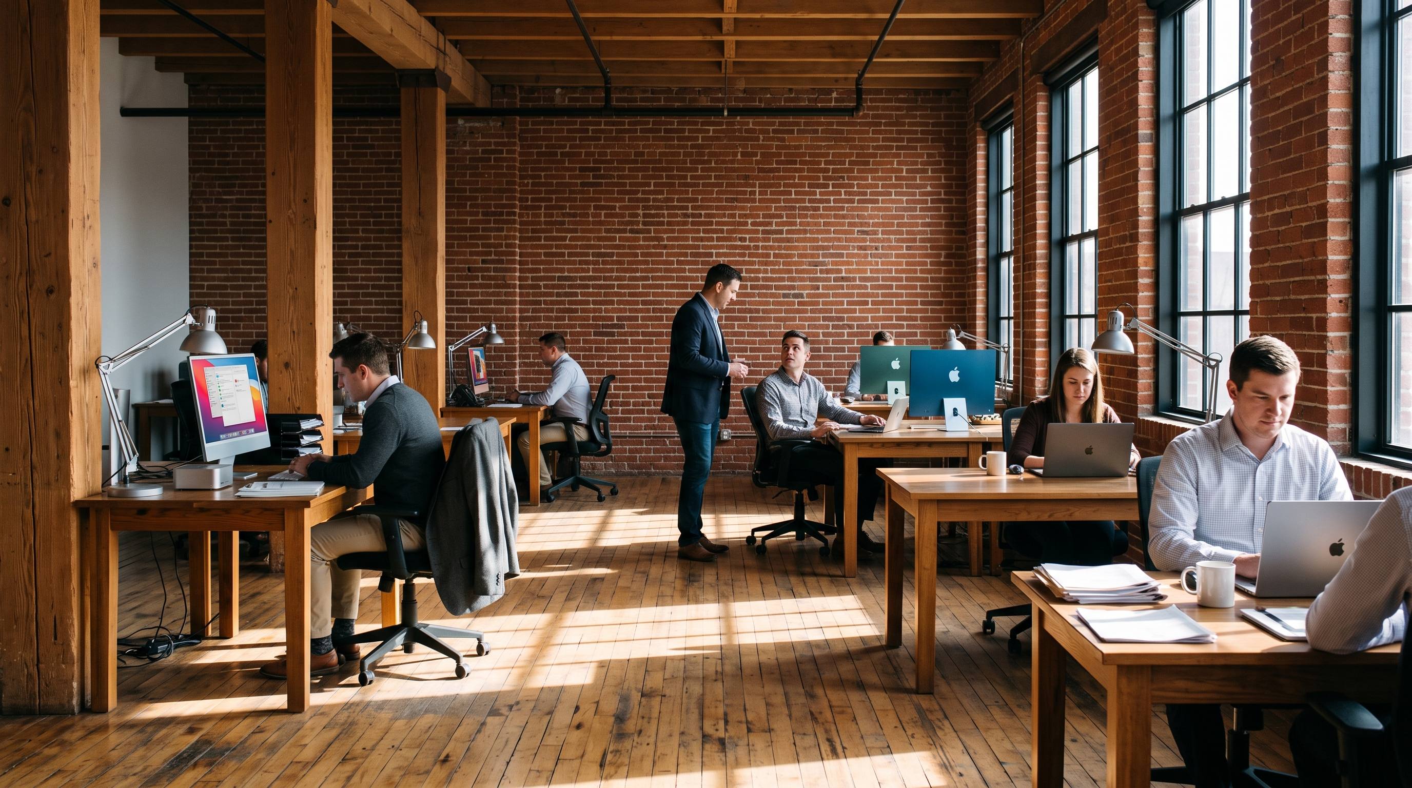 The Renner Group office in Denver, several agents working at separate desks in strong afternoon light from tall windows.