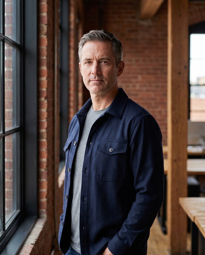Marcus Renner standing near a tall window in the Denver office, turned three quarters toward the camera.