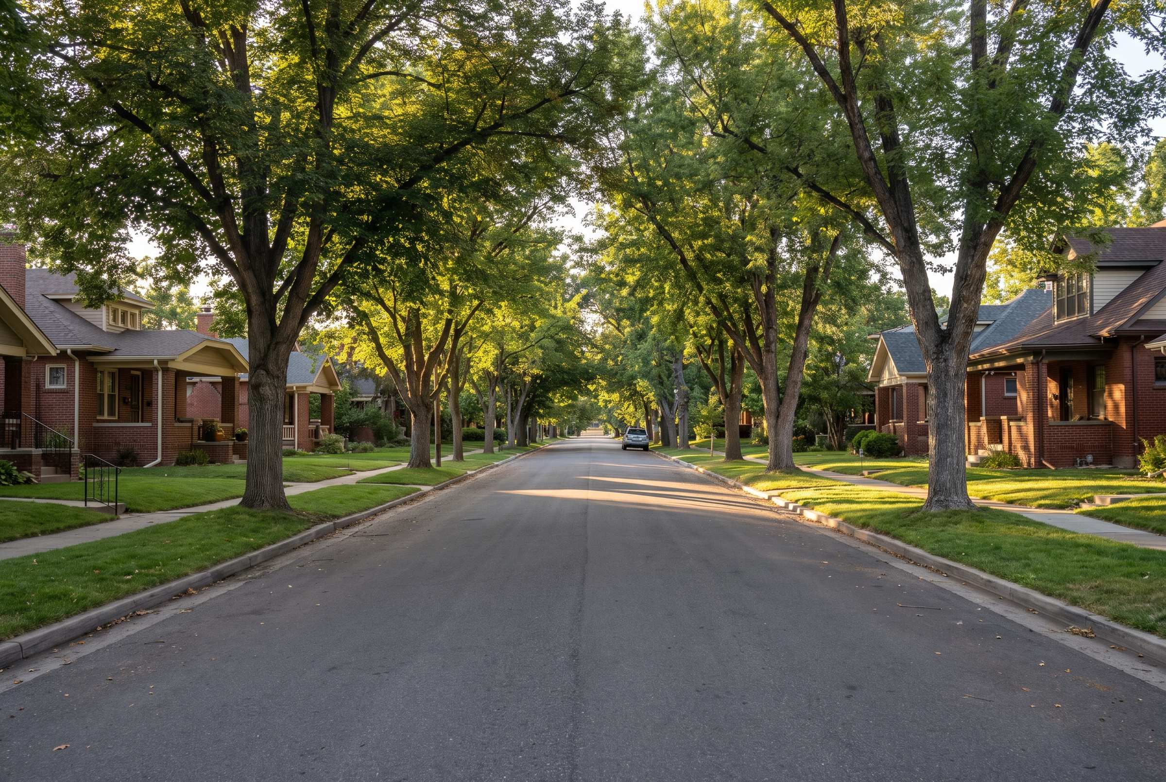 A residential street in an established Denver neighbourhood, mature elms arching over the road in late afternoon.