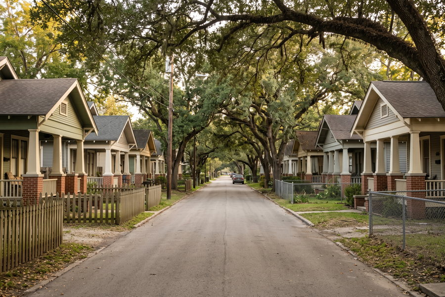 A residential street of 1920s bungalows with deep porches under mature oaks.