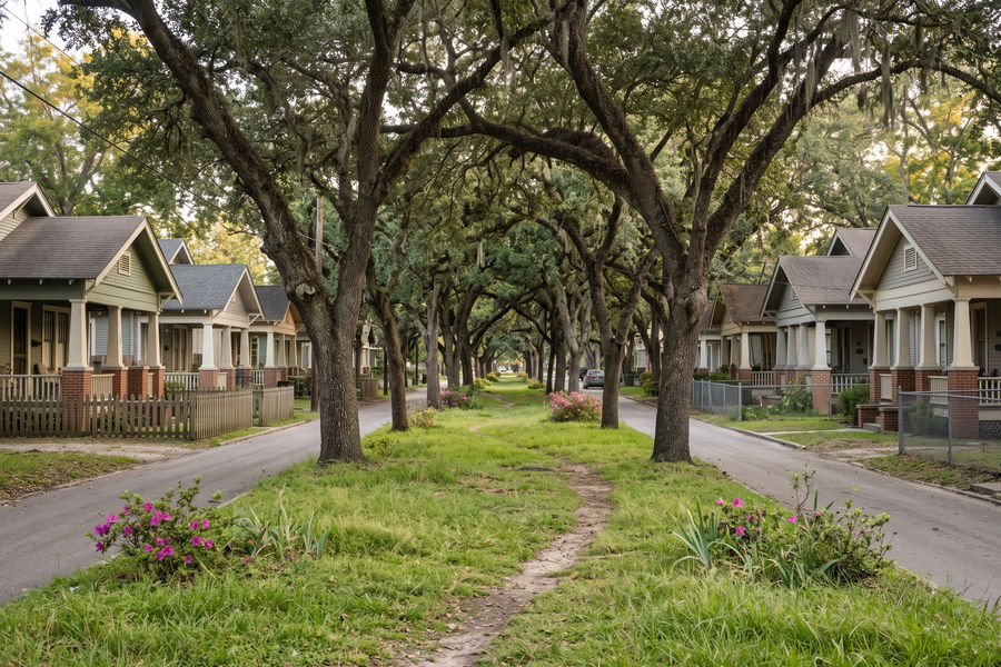 A grassy planted esplanade running down the middle of a residential street.