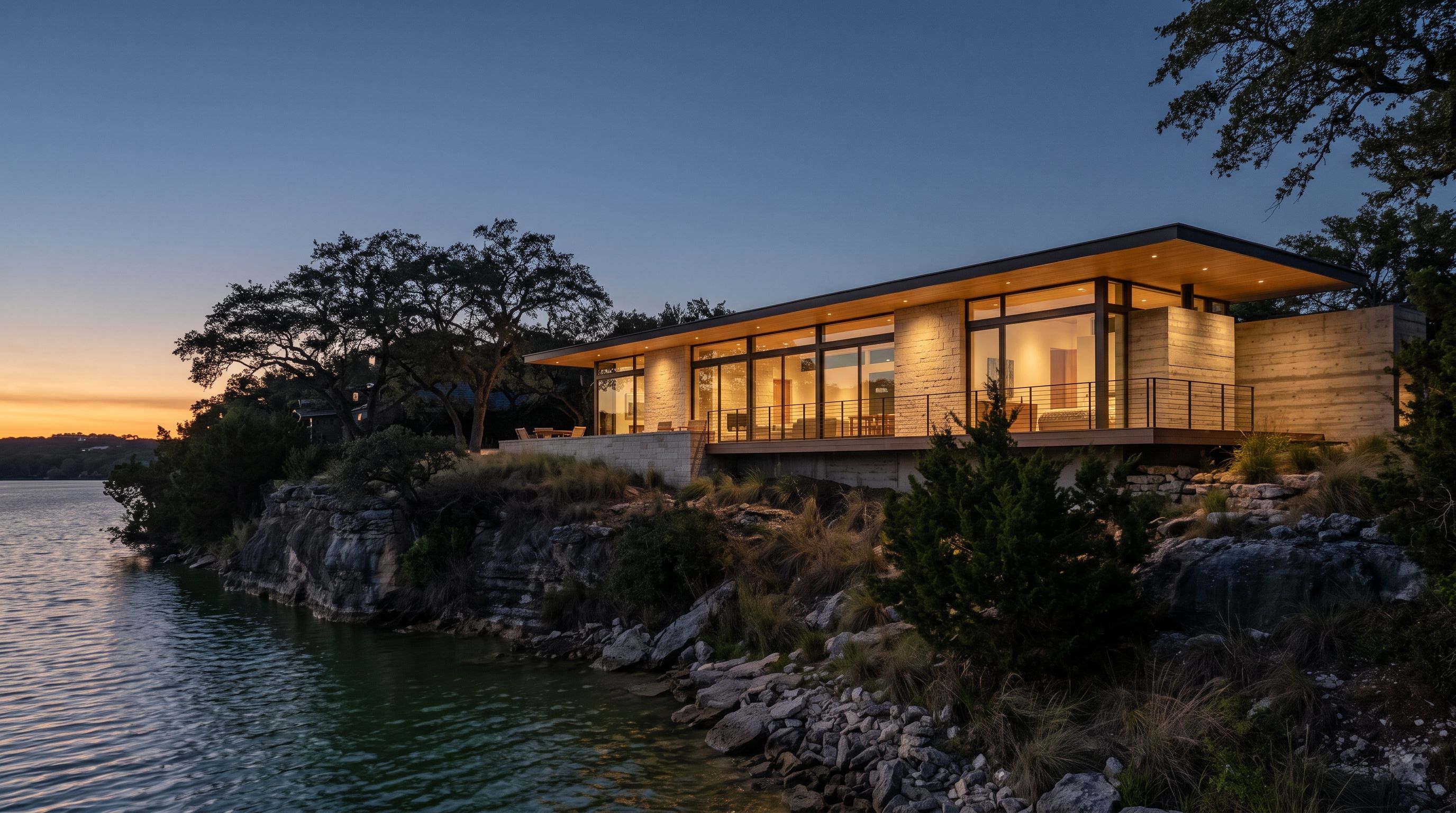 The house at dusk seen from the lake shore, its roof plane a single horizontal line against a deep blue sky.