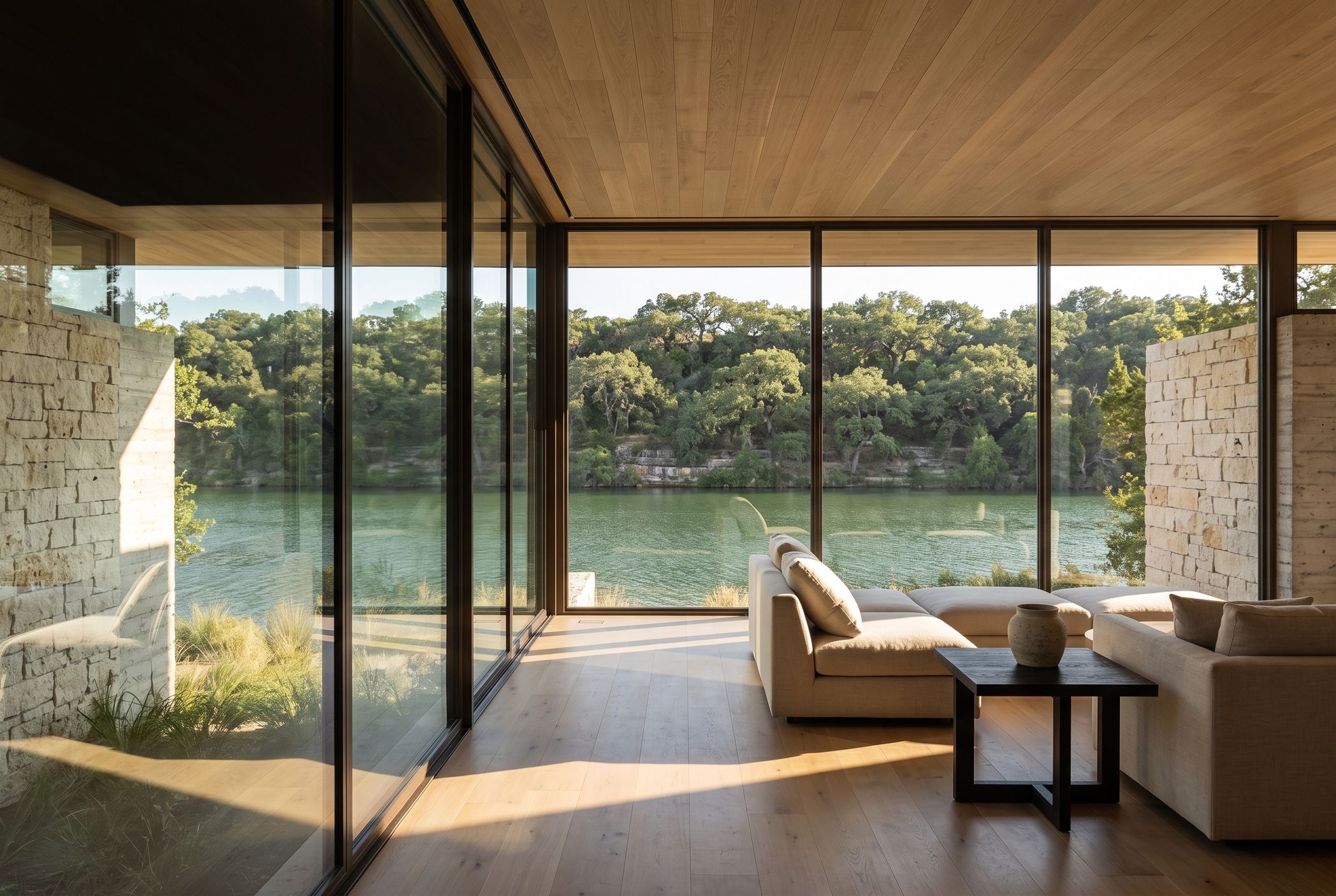 The living room seen from a corner, full height glass opening to the lake and the far bank of oaks.