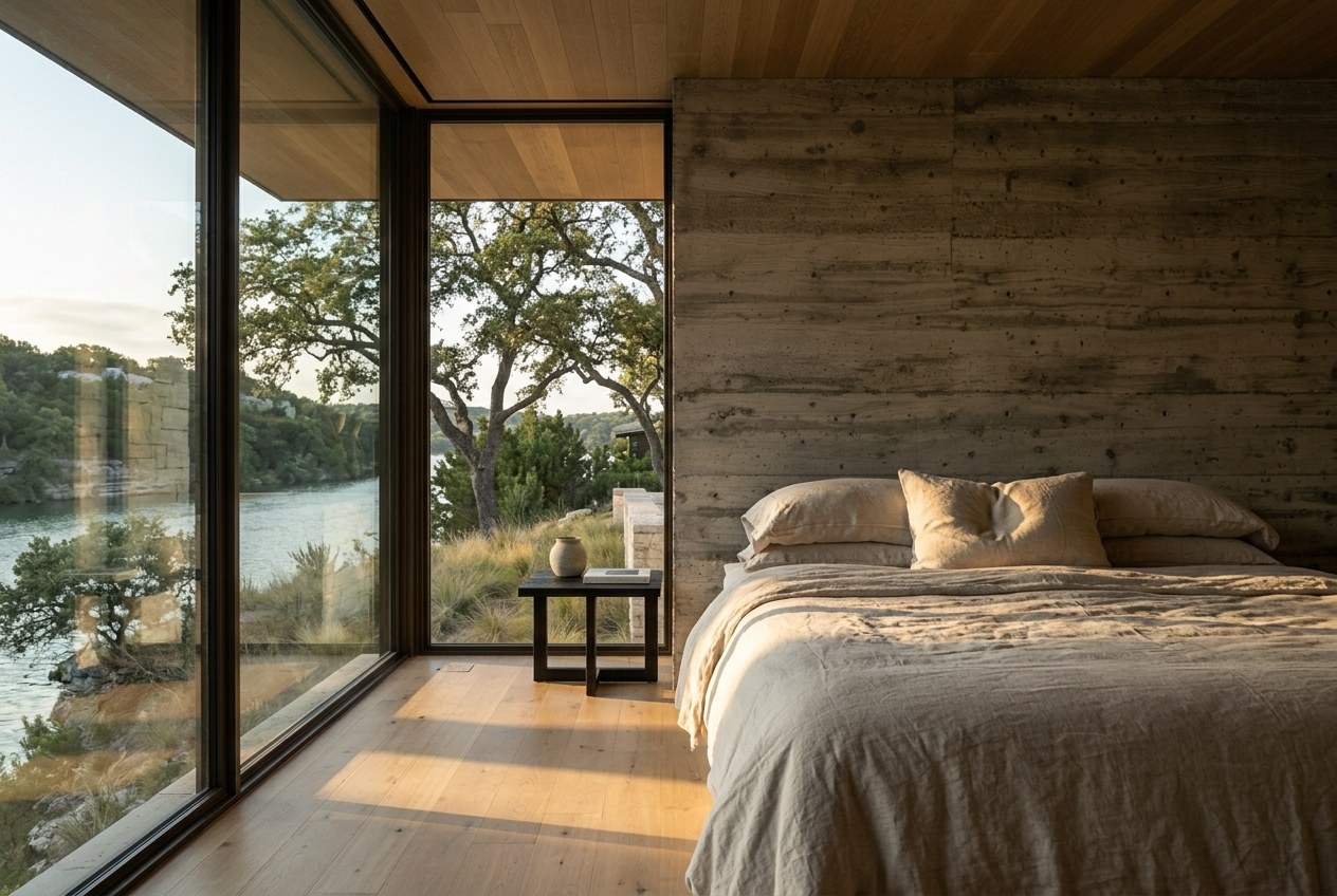A corner of the primary bedroom where glass meets board formed concrete, morning sun across the floor.