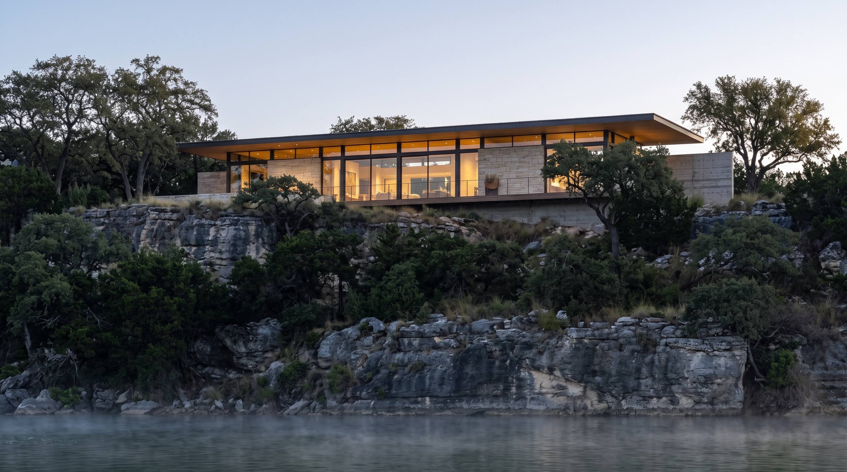The limestone bluff rising from the green lake at dawn, the house barely visible along the top.