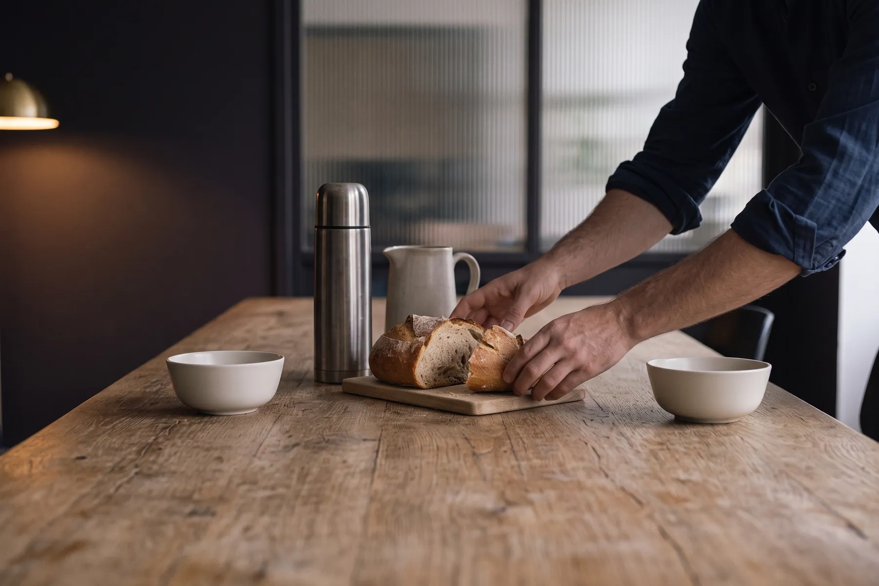 Hands reaching for bread at the long lunch table.