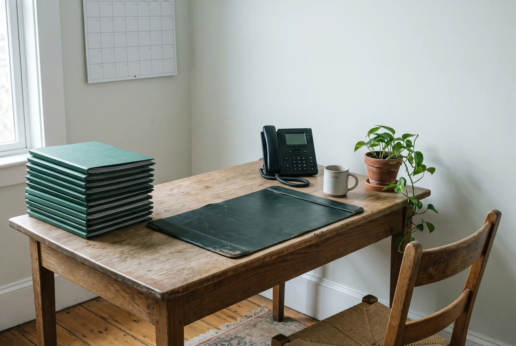 The closing coordinator's desk: a stack of green folders, a leather desk pad, a desk phone, a mug and a trailing plant, in window light.