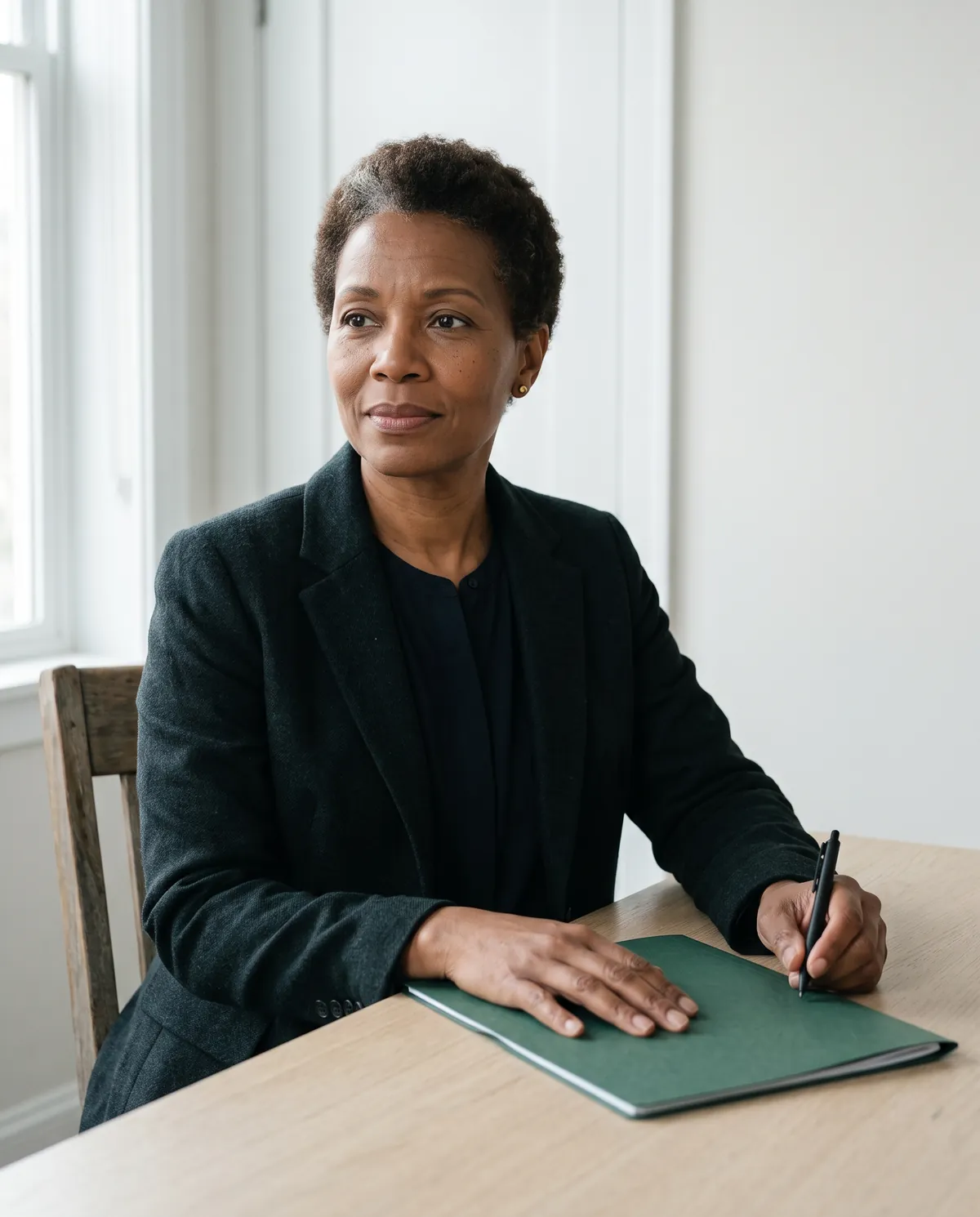 Nora Haldane, a fictional closing attorney, seated at a table with a closed green folder.