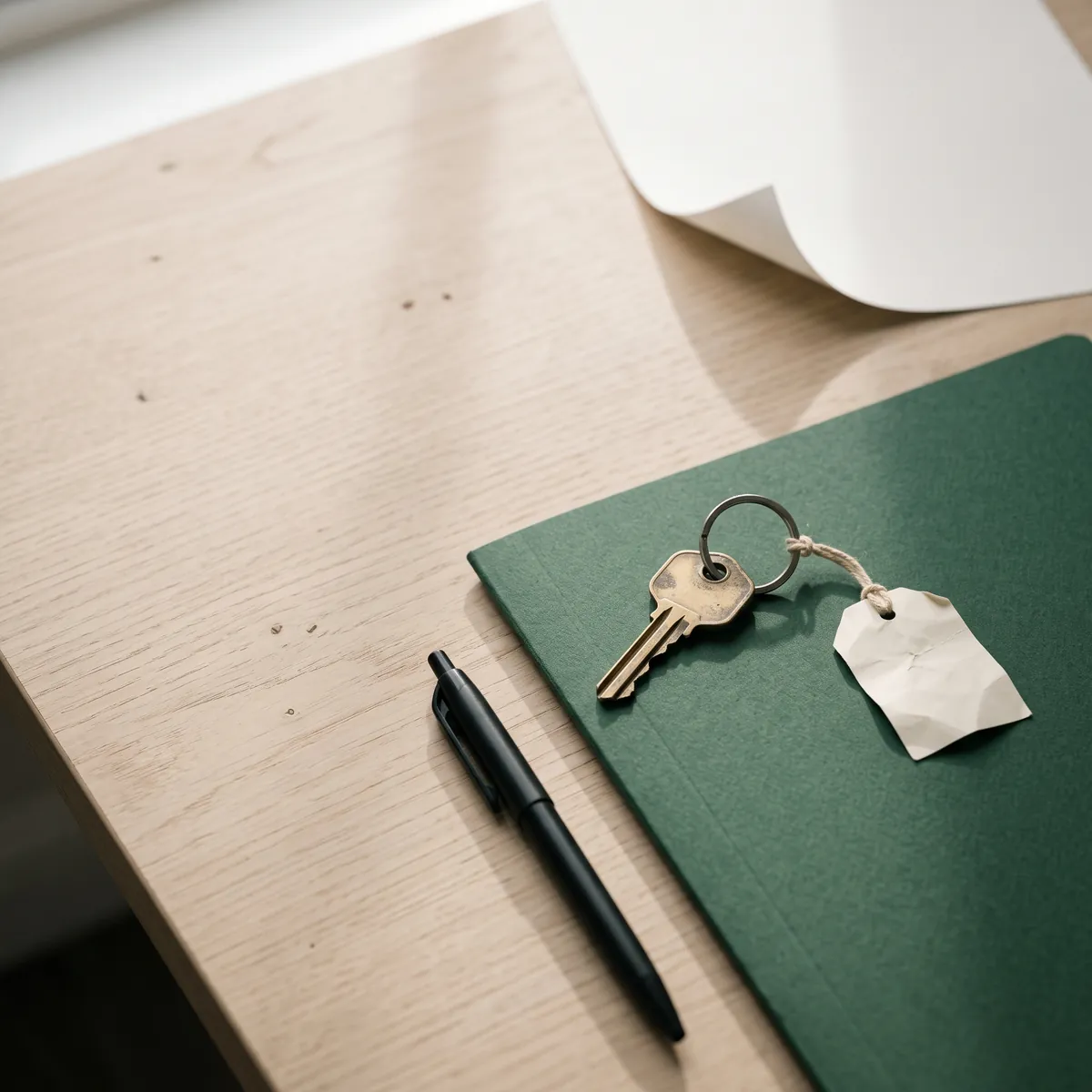 A brass house key with a blank paper tag on a closed green folder, a black pen beside it on an oak desk.