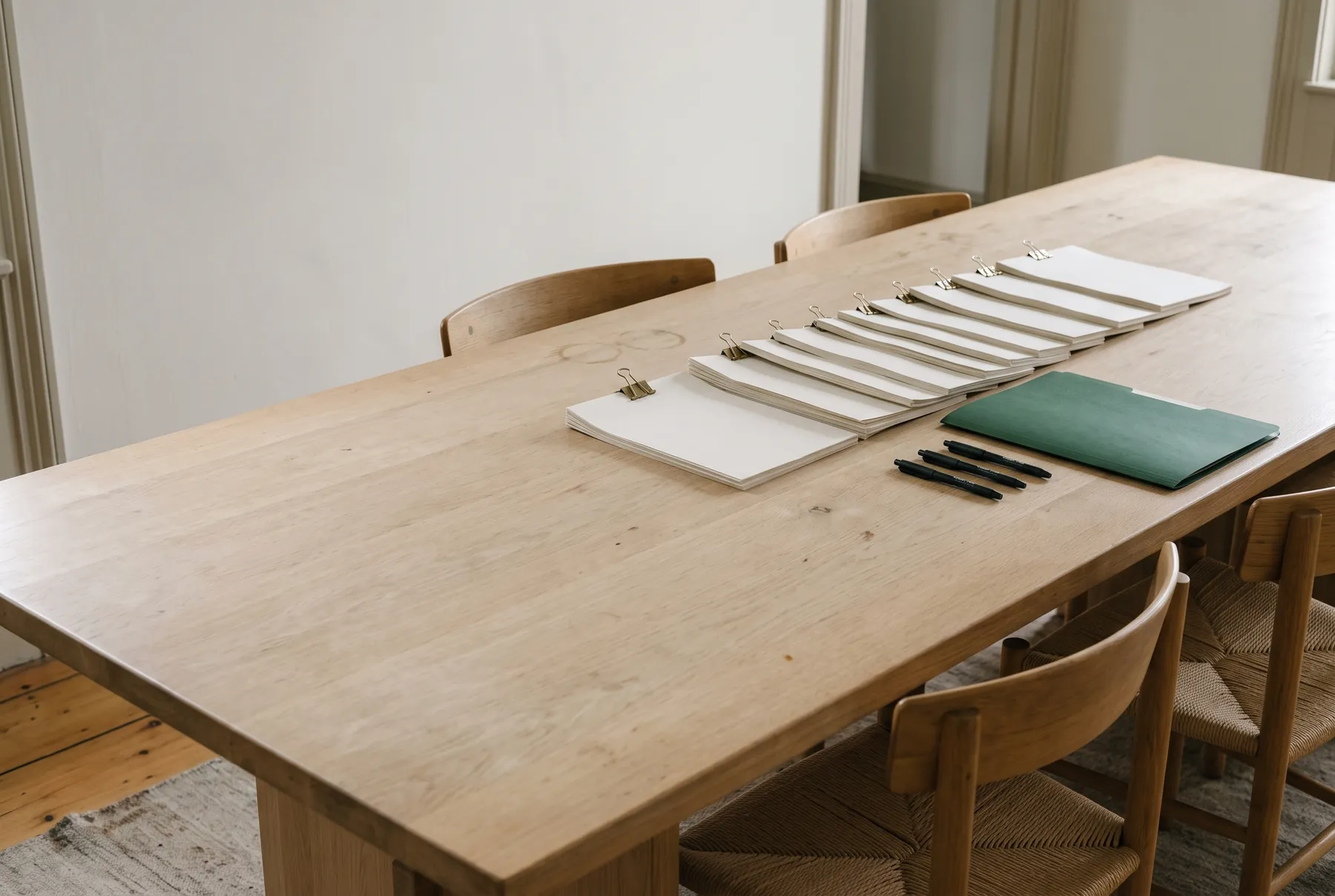 A closing table prepared for signing: nine stacks of blank pages, three pens and a green folder, in gray window light.