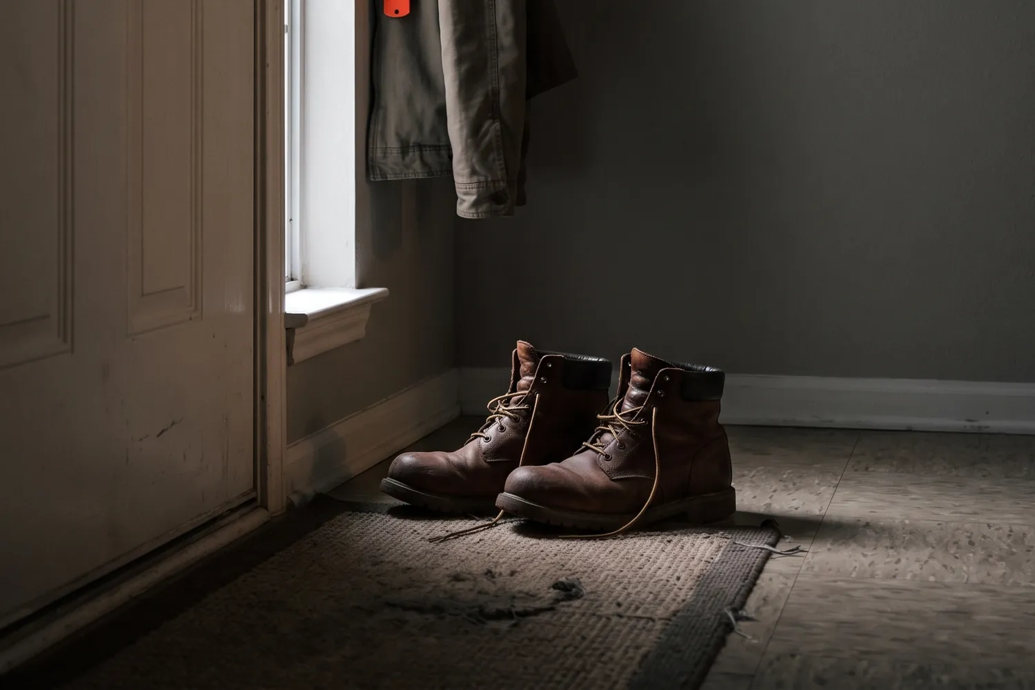 Work boots on the mat by a front door at first light.