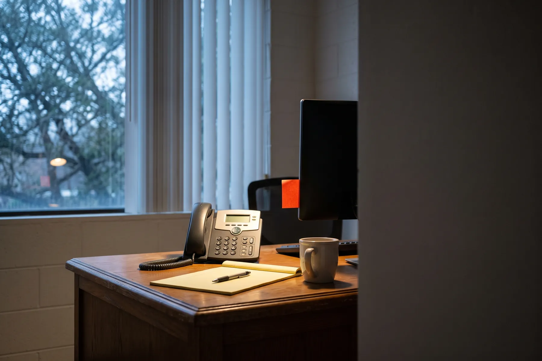 A desk with a landline phone and a blank legal pad in early light.