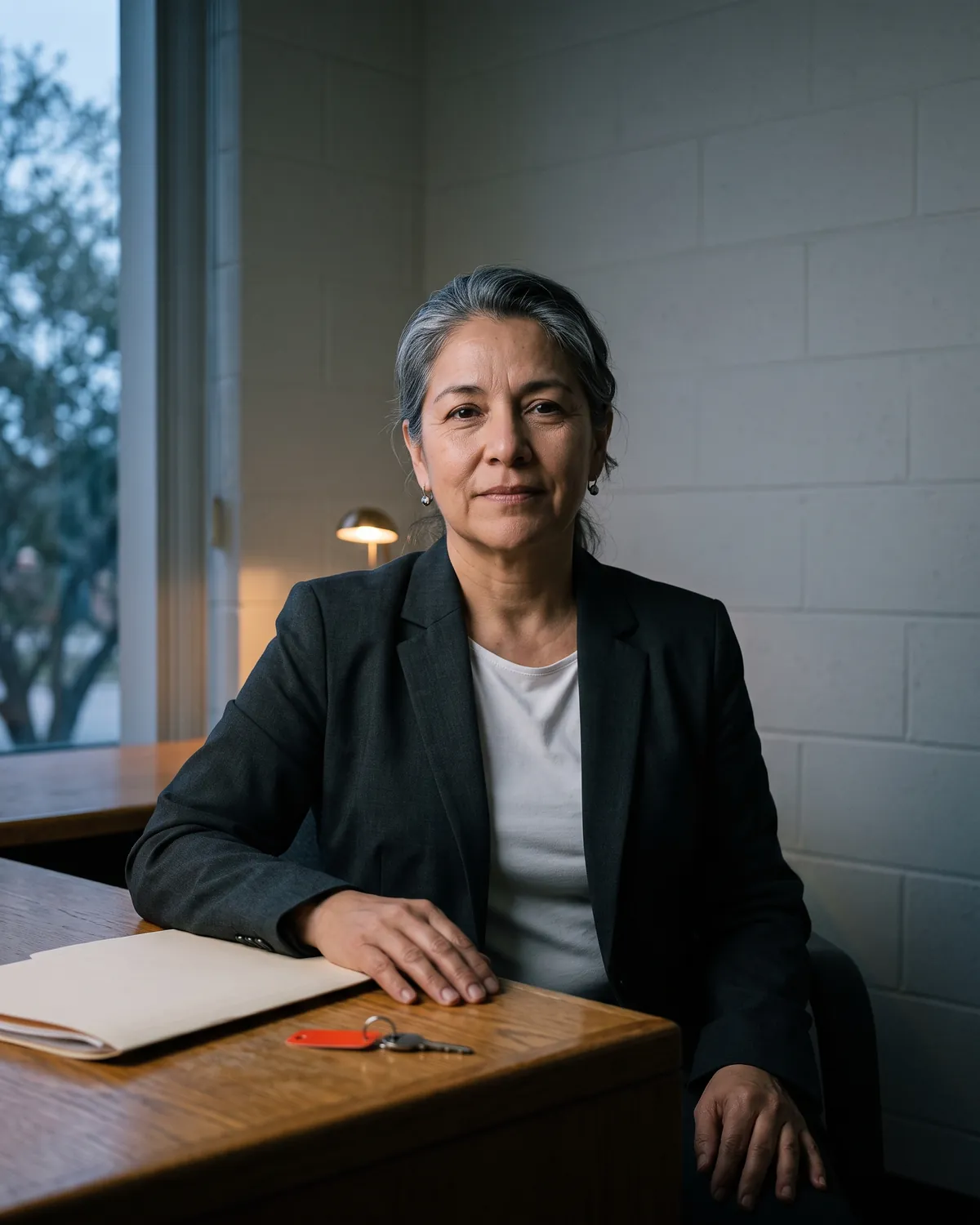 Teresa Olvera, a fictional attorney, in her office at dawn.