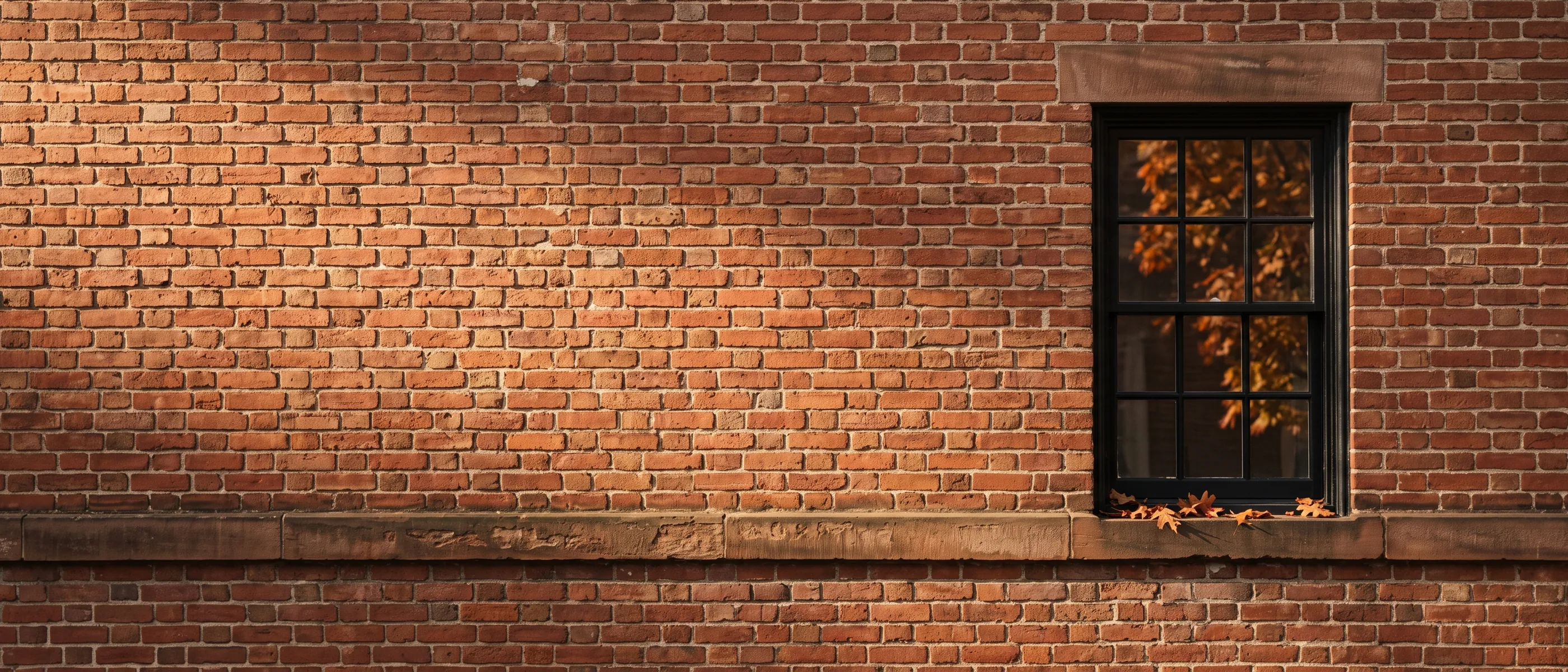 Red brick facade with a black six-over-six window and a brownstone band in late autumn sun