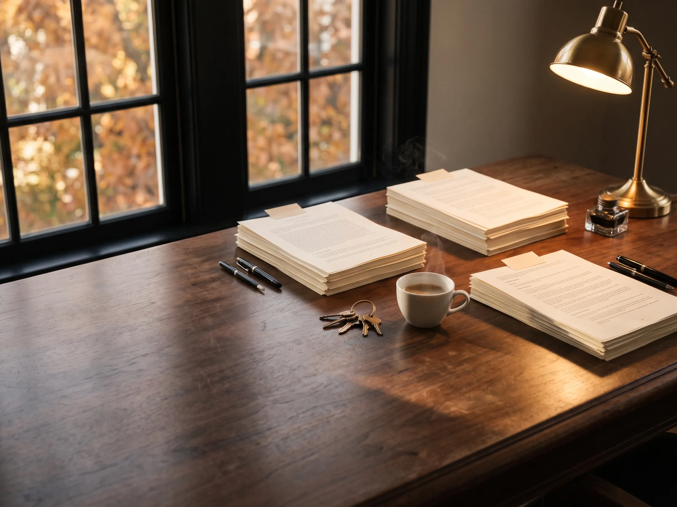 A closing table set before the parties arrive: stacked documents, pens, keys and coffee