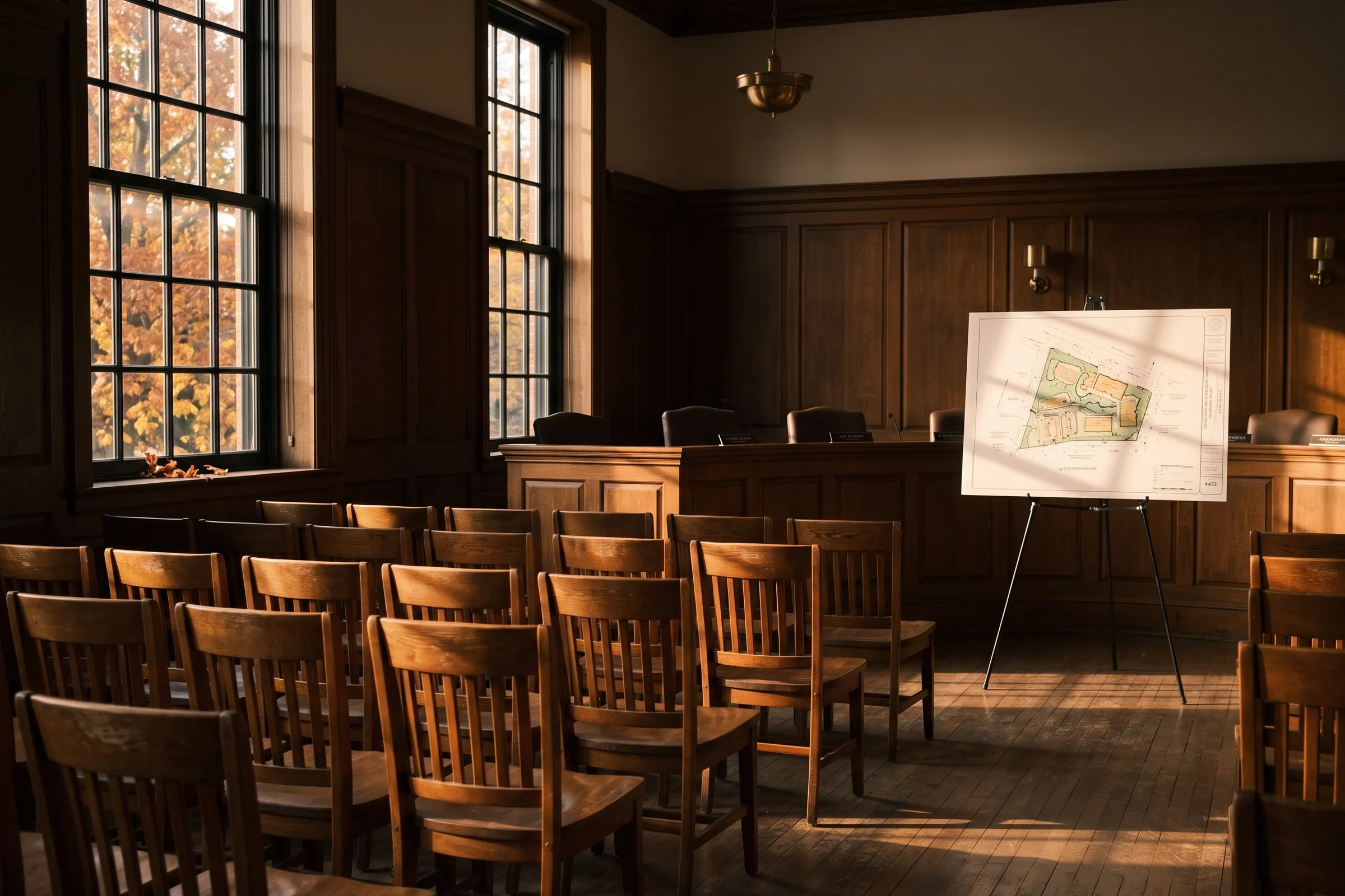 An empty township meeting room with a site plan on an easel in front of the dais