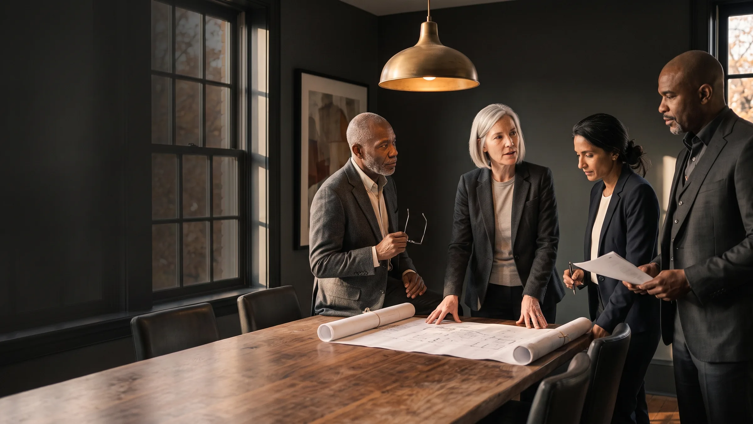 The four partners of Tolliver Wren reviewing a site plan at the conference table