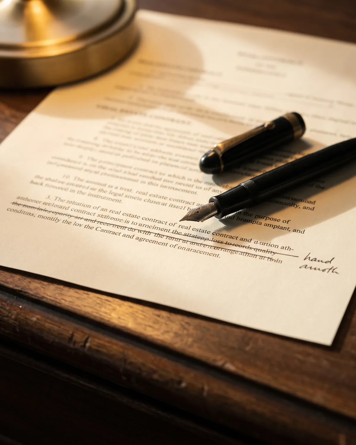 A contract on a walnut desk with one clause struck through, a fountain pen and a brass lamp