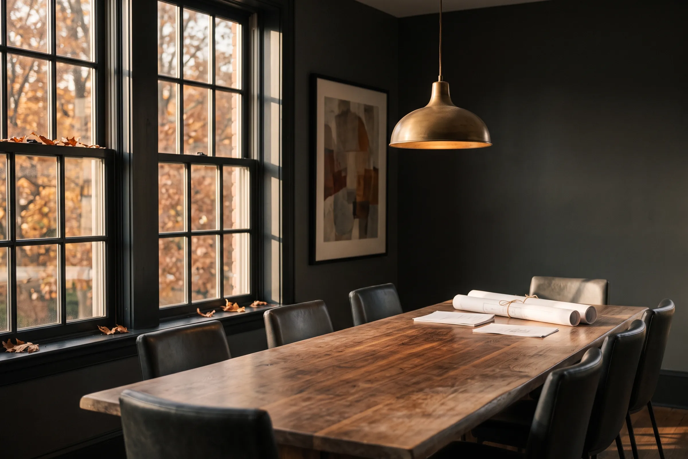 The firm's conference room at the end of the day, a walnut table under a brass pendant