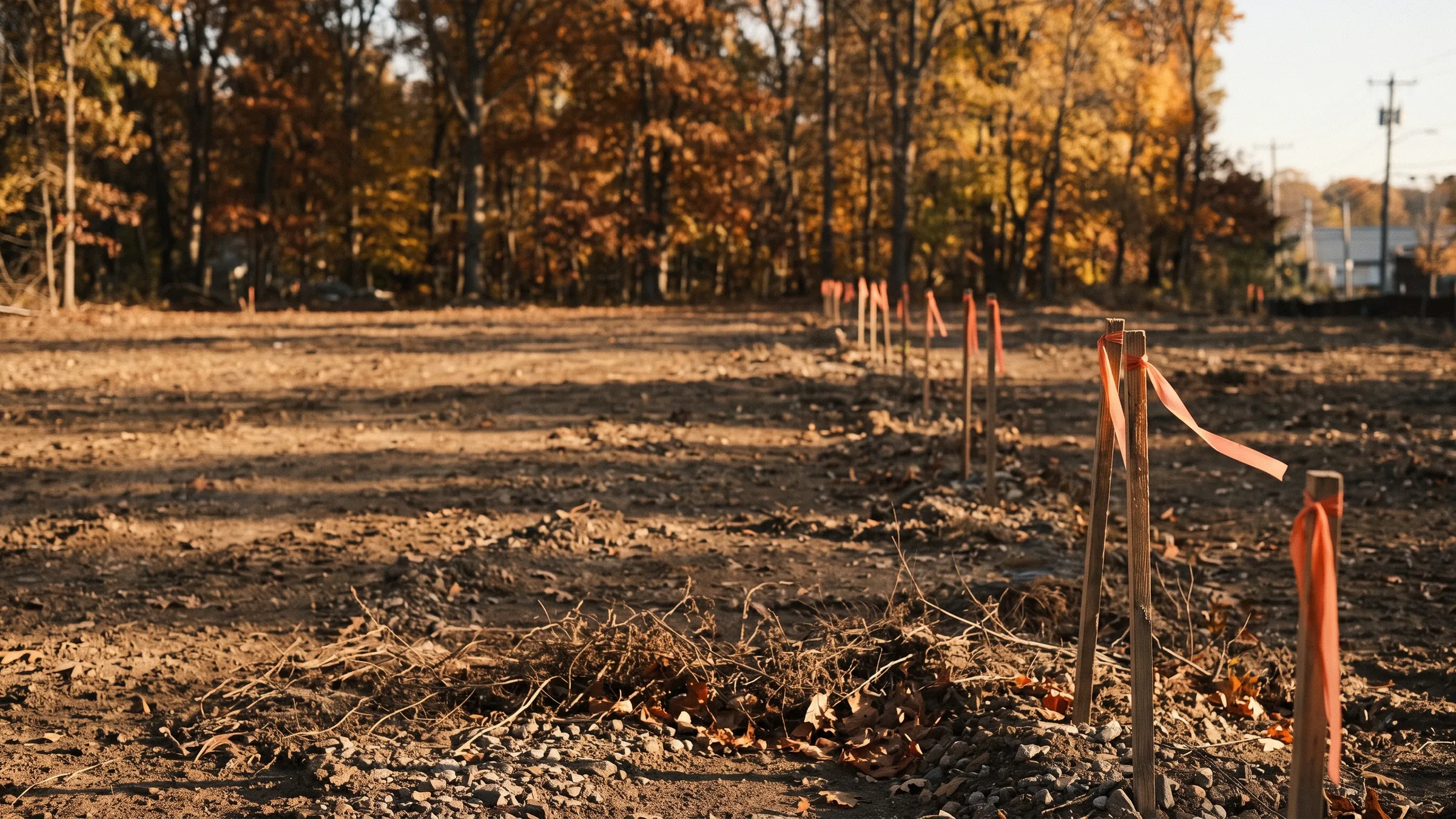 A cleared lot with survey stakes and orange flagging tape against autumn trees