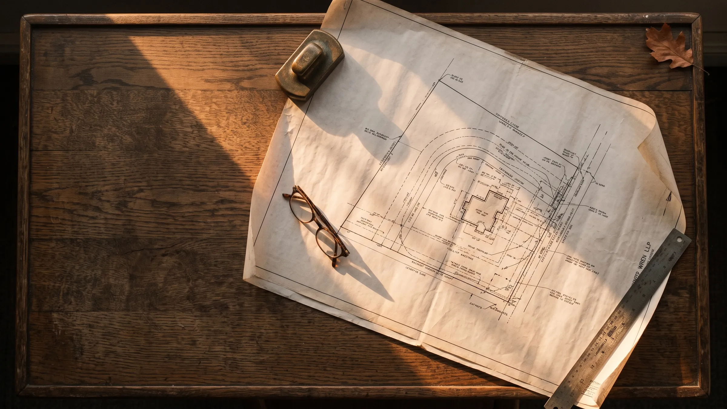 A property survey on an oak plan table, held flat by a brass weight and a steel ruler