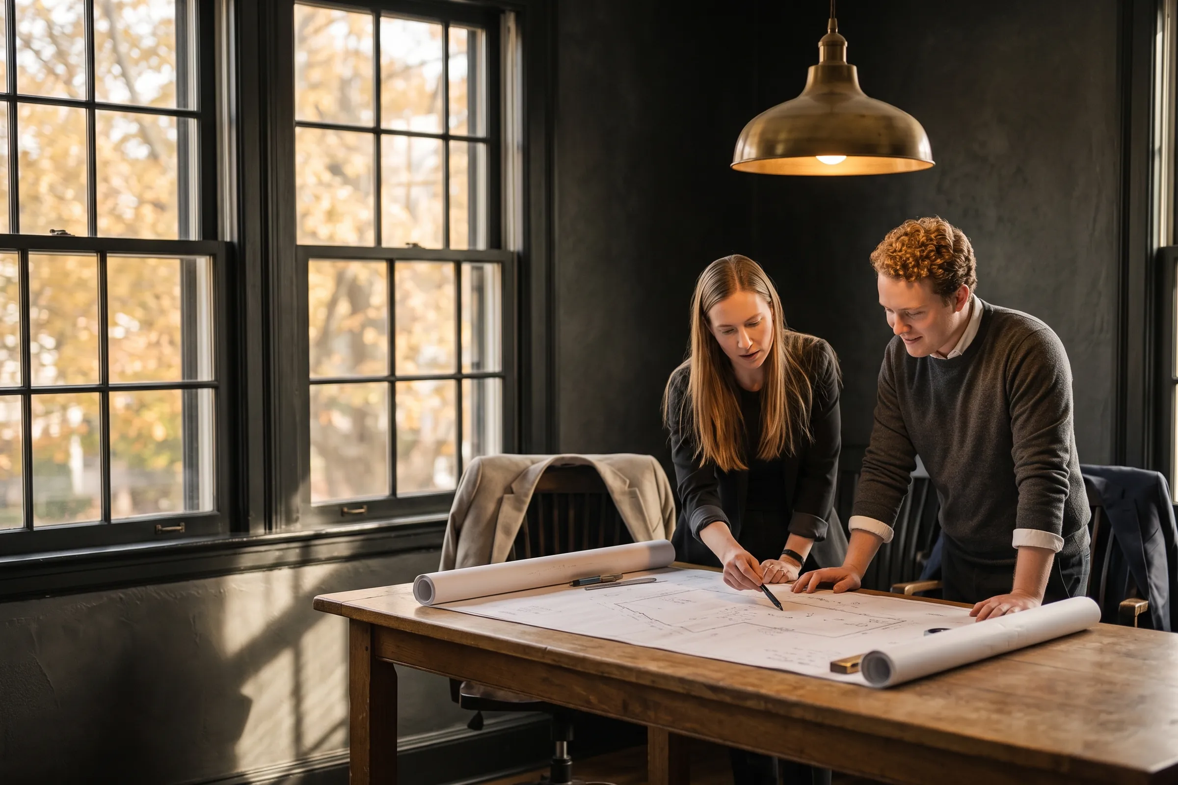 Associates Hannah Brezina and Theo Lindqvist reviewing a lease drawing at the plan table