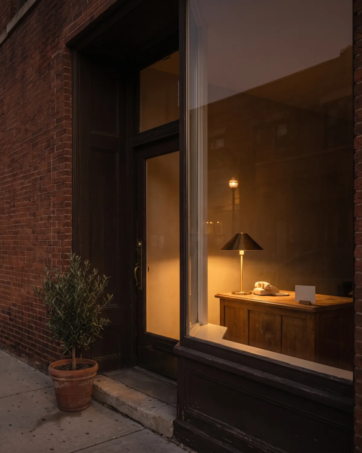 The office at dusk, with the reception lamp on