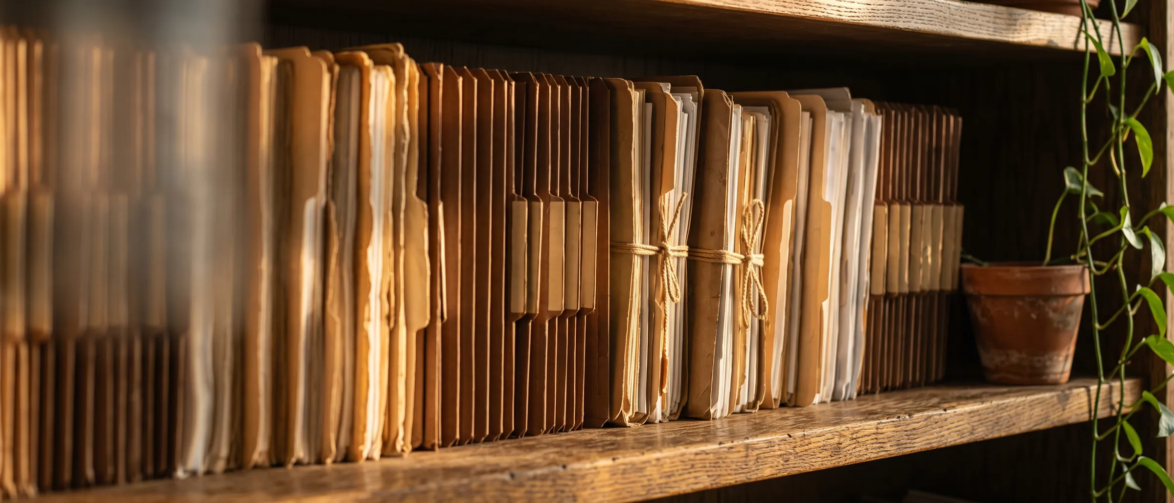 Case files on a wooden shelf