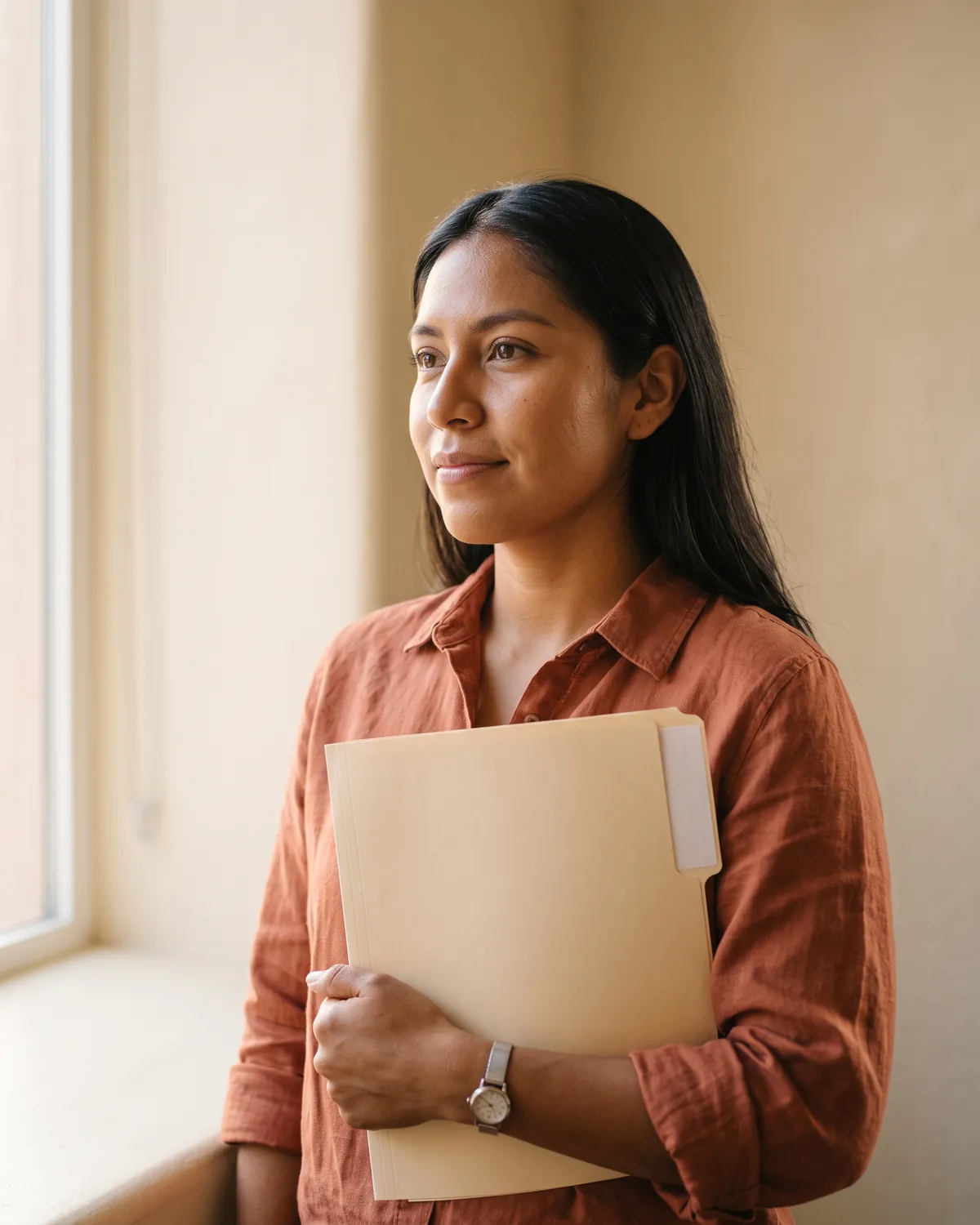 Portrait of Lucía Barragán, paralegal, holding a folder