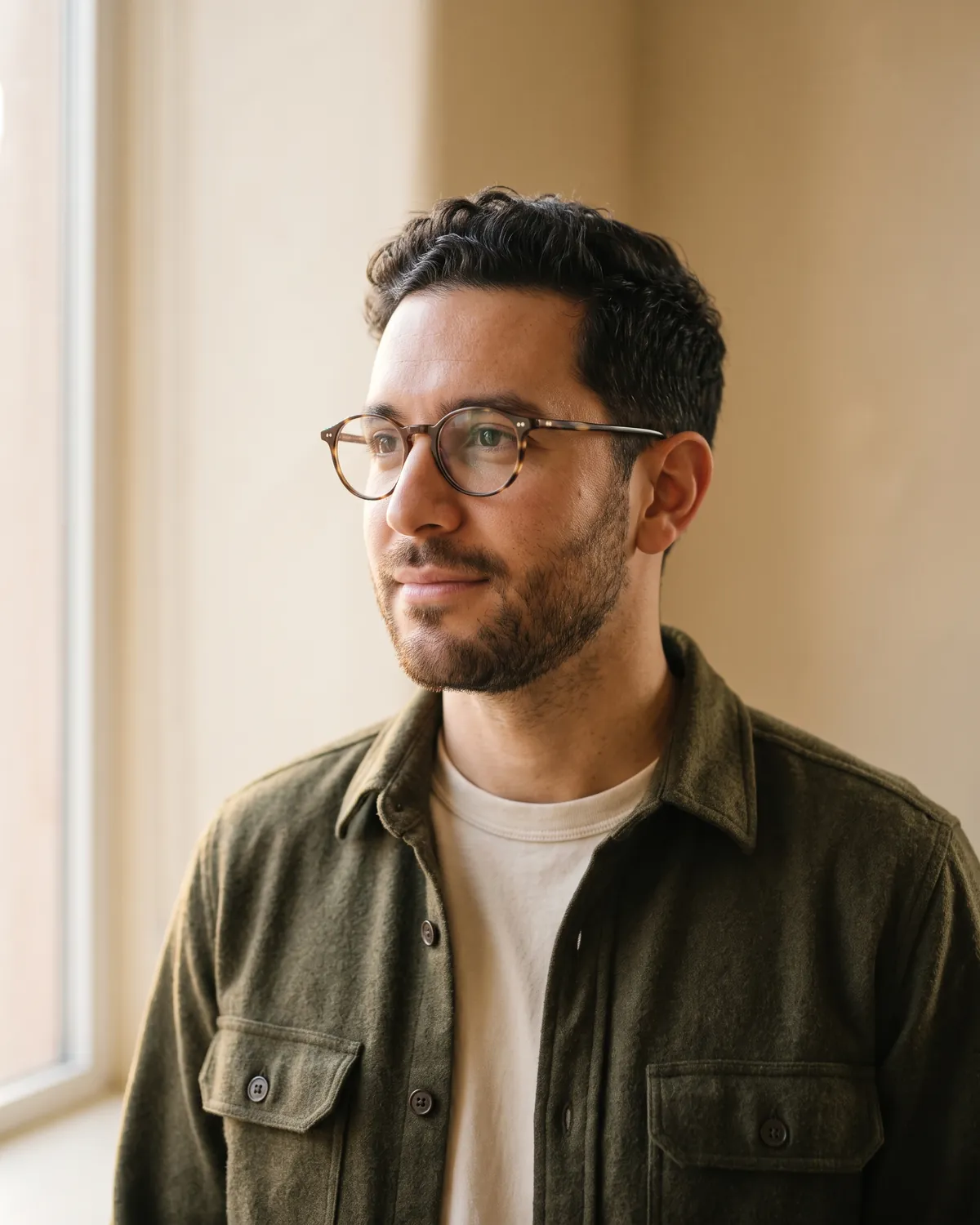 Portrait of Tomás Echarri by an office window